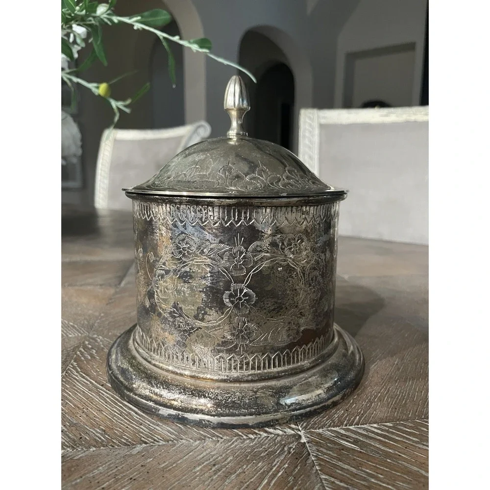 Vtg International Silver Co Silver Plated Covered Biscuit Barrel Tea Caddy